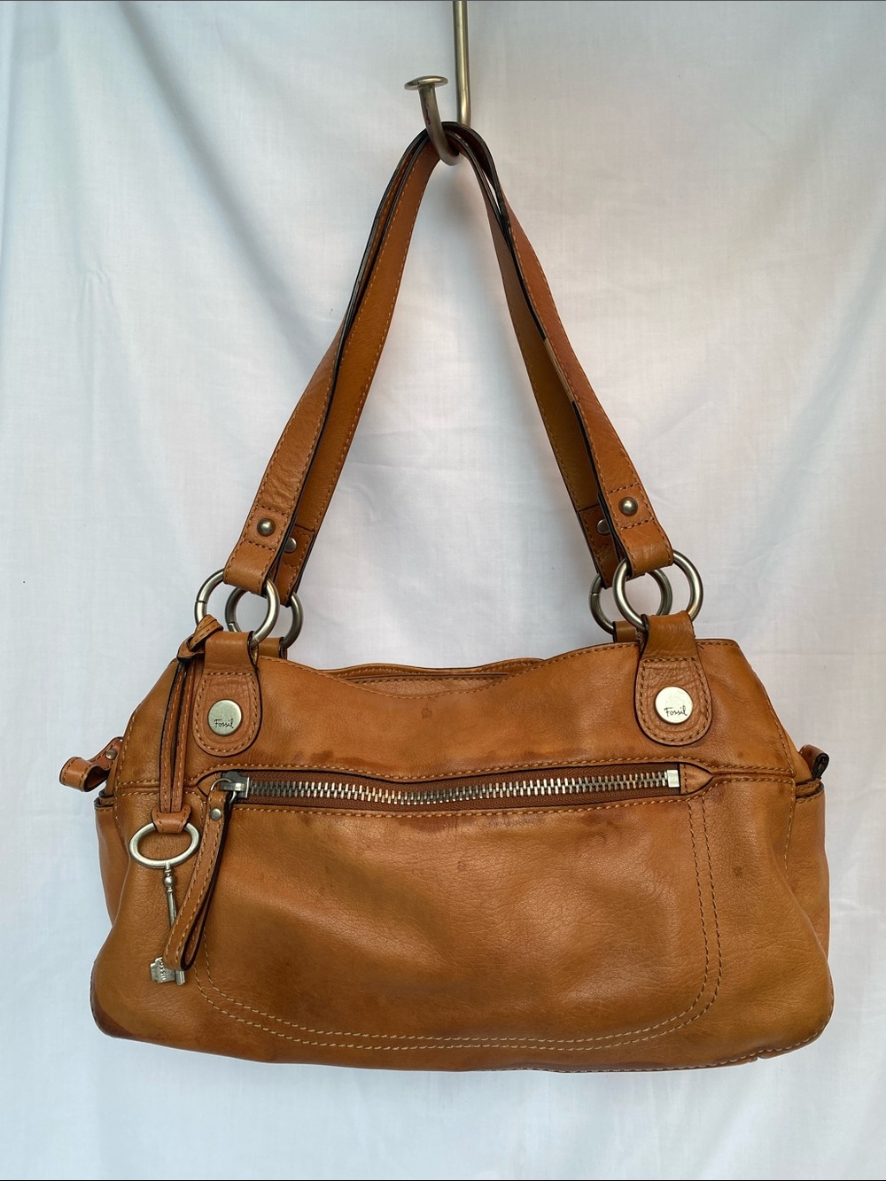 Vintage Fossil Cognac Leather Shoulder Bag with Double Straps